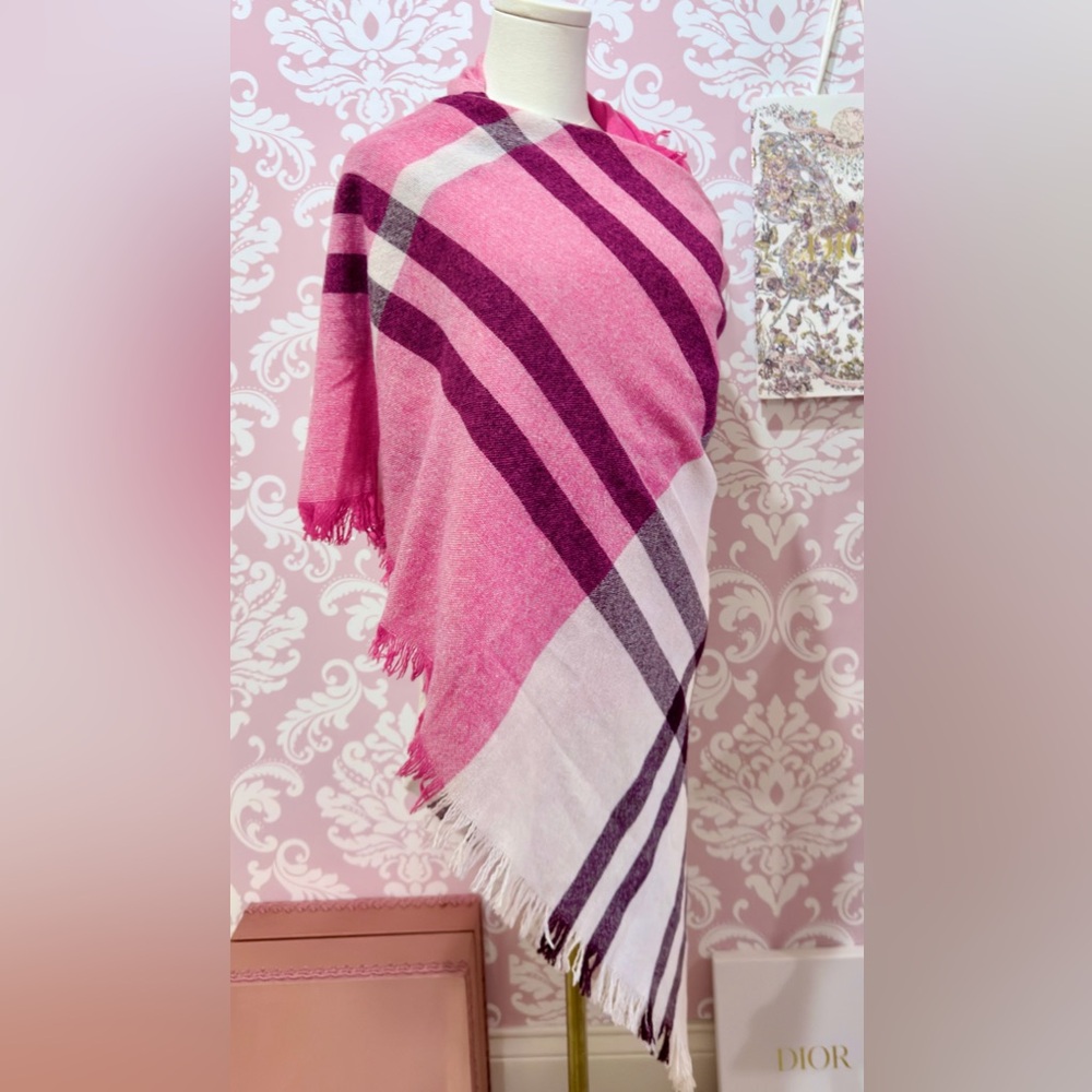 Reduced - Talbots Pink Plaid Fringe Wrap 
Scarf / Sarong - Picture 3 of 5